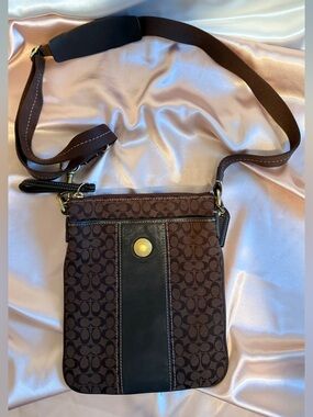Coach Brown Signature Crossbody Bag with Dark Brown Leather Trim